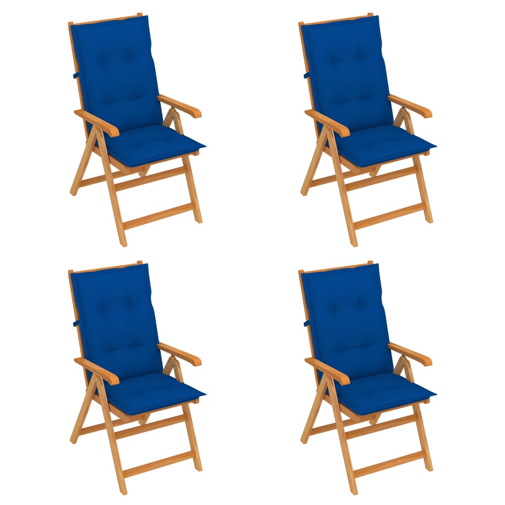 Πτυσσόμενες Καρέκλες 4 τεμ. με Μαξιλάρια Royal Blue από Μασίφ Ξύλο Teak