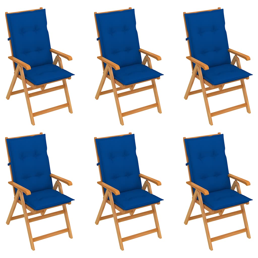 Πτυσσόμενες Καρέκλες 6 τεμ. με Μαξιλάρια Royal Blue από Μασίφ Ξύλο Teak