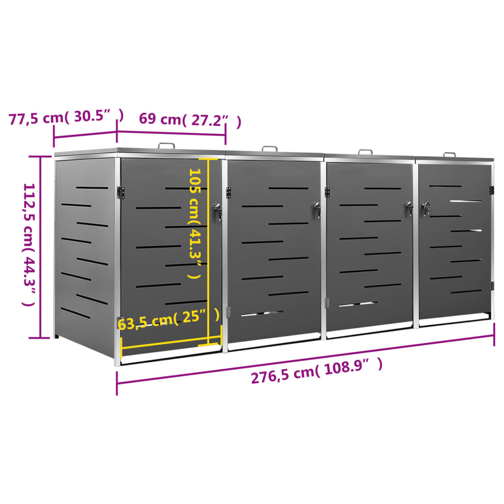 Πλαίσιο Κάδων Απορρ. Τετραπλό Ρόδες 276,5x77,5x112,5εκ Αν. Ατσ. - PAKOBAZAAR