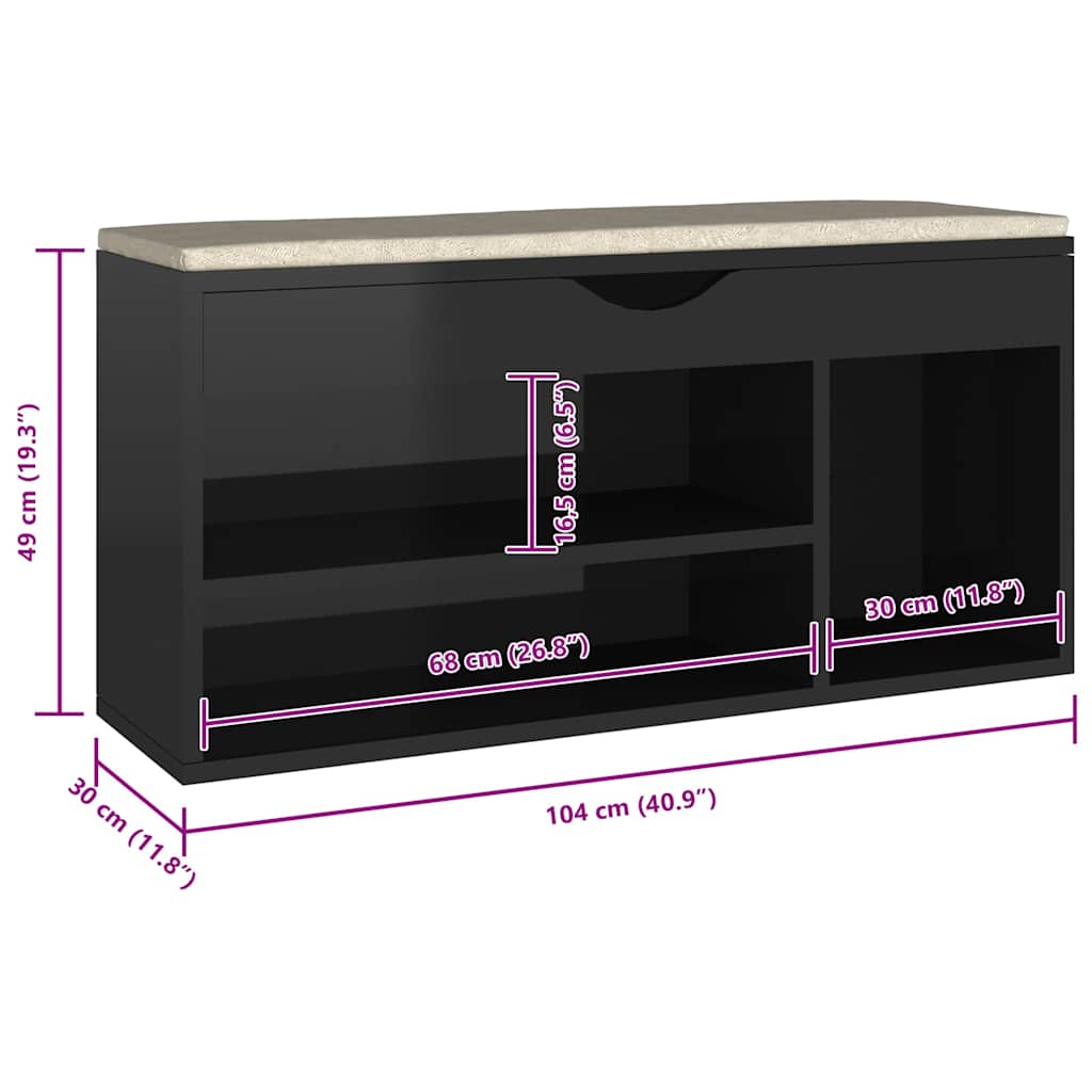 Παπουτσοθήκη Γυαλ. Μαύρη 104x30x49εκ. Επεξ. Ξύλο με Μαξιλάρι