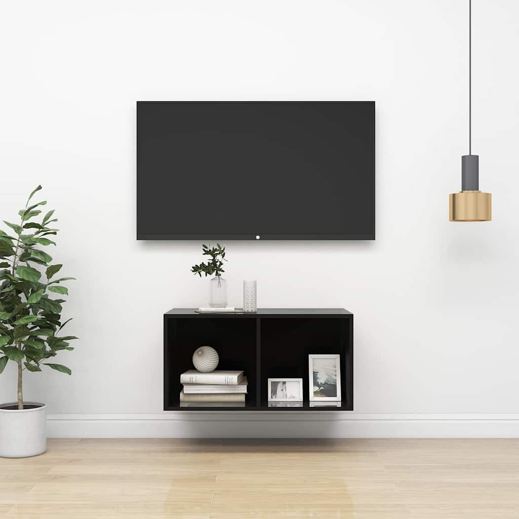 Έπιπλο Τηλεόρασης Κρεμαστό Γυαλ. Μαύρο 37x37x72 εκ. Επεξ. Ξύλο