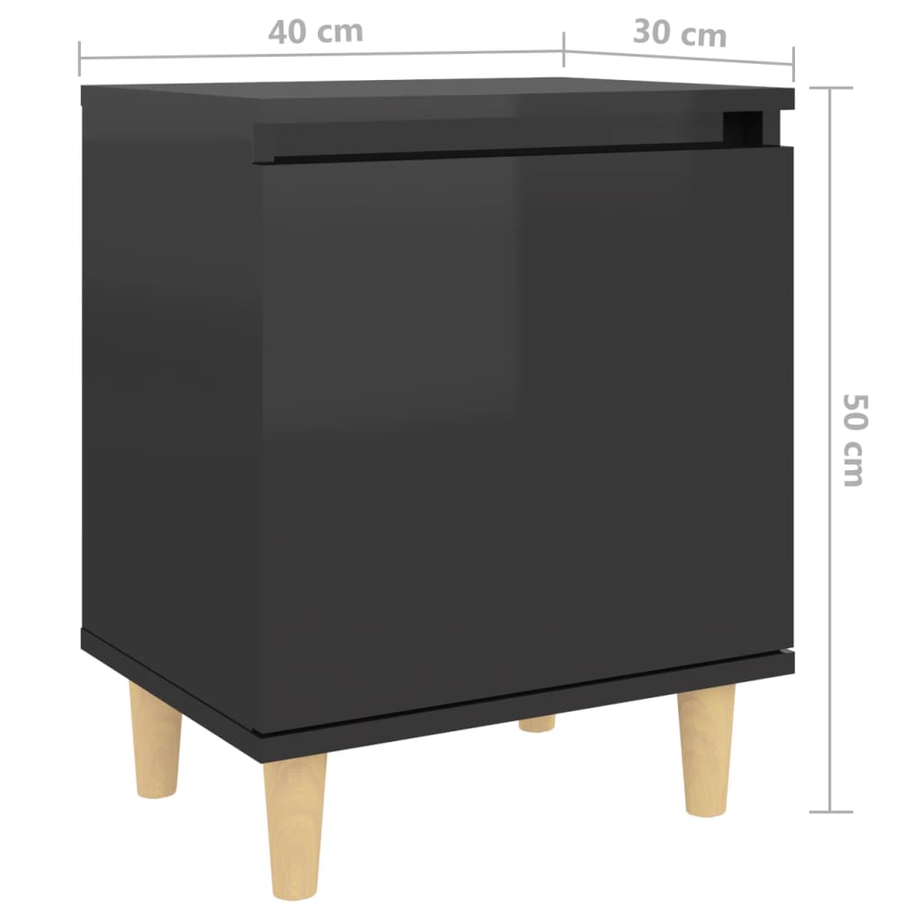 Κομοδίνο Γυαλιστερό Μαύρο 40 x 30 x 50 εκ με Μασίφ Ξύλινα Πόδια - Pakobazaar