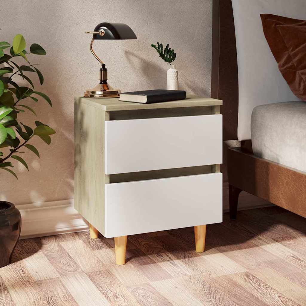 Κομοδίνα 2 τεμ. Λευκά/Son. Δρυς 40x35x50εκ. & Πόδια Ξύλο Πεύκου