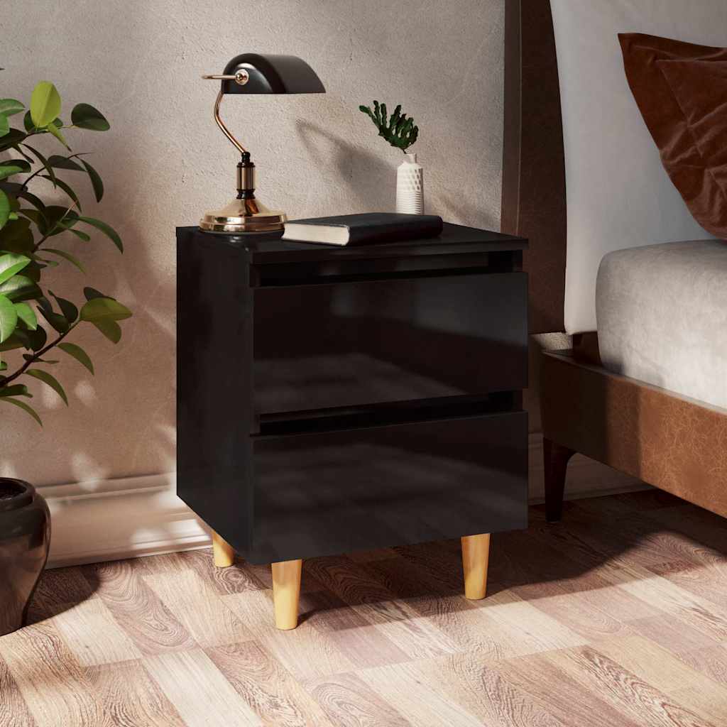 Κομοδίνα 2 τεμ. Γυαλ. Μαύρο 40x35x50εκ. & Πόδια από Ξύλο Πεύκου
