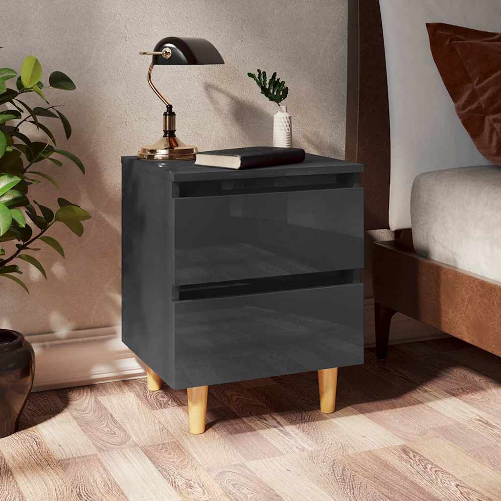 Κομοδίνα 2 τεμ. Γυαλ. Γκρι 40x35x50εκ. με Πόδια από Ξύλο Πεύκου