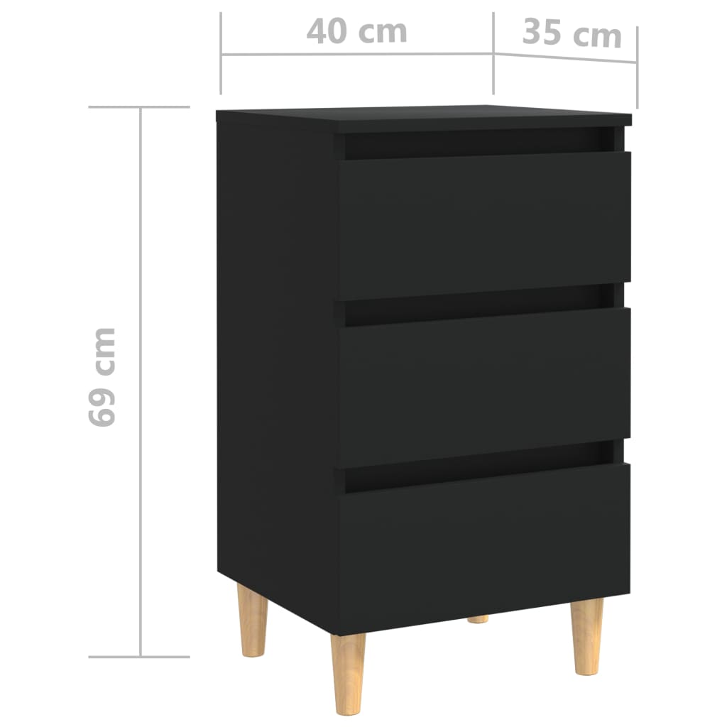 Κομοδίνα 2 τεμ. Μαύρα 40x35x69 εκ. με Μασίφ Ξύλινα Πόδια