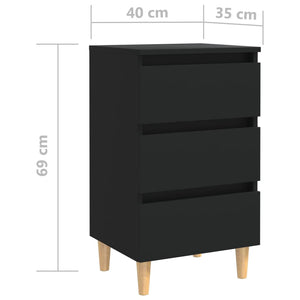 Κομοδίνα 2 τεμ. Μαύρα 40x35x69 εκ. με Μασίφ Ξύλινα Πόδια