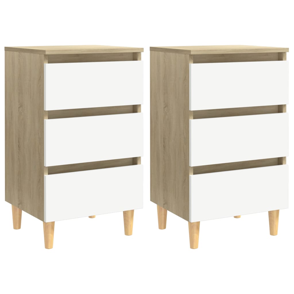 Κομοδίνα 2 τεμ. Λευκά / Sonoma Δρυς 40x35x69 εκ. & Ξύλινα Πόδια