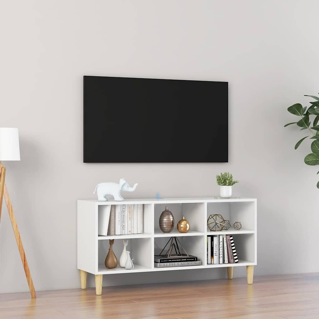Έπιπλο Τηλεόρασης Γυαλ. Λευκό 103,5x30x50 εκ. & Πόδια από Ξύλο