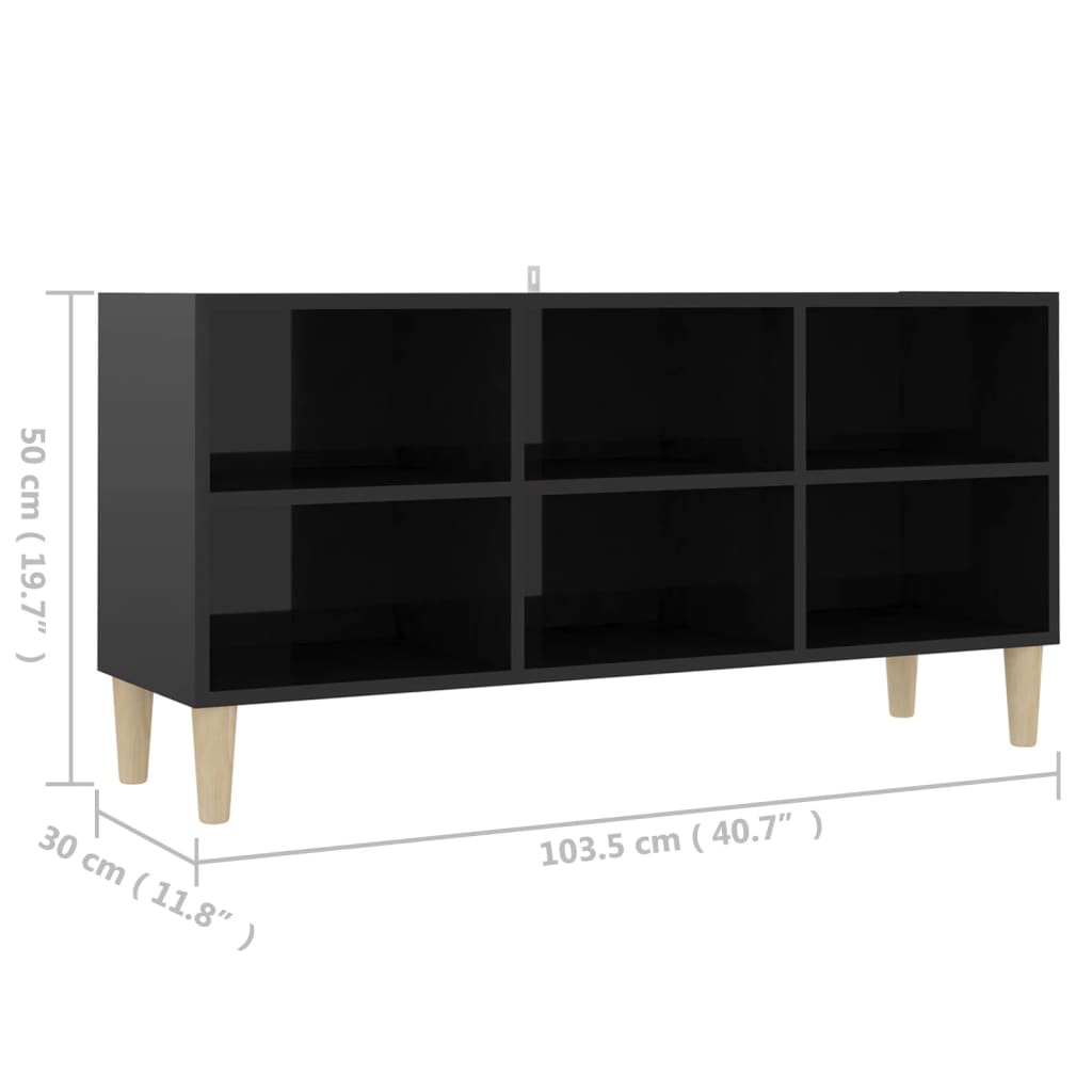 Έπιπλο Τηλεόρασης Γυαλ. Μαύρο 103,5x30x50 εκ. & Πόδια από Ξύλο