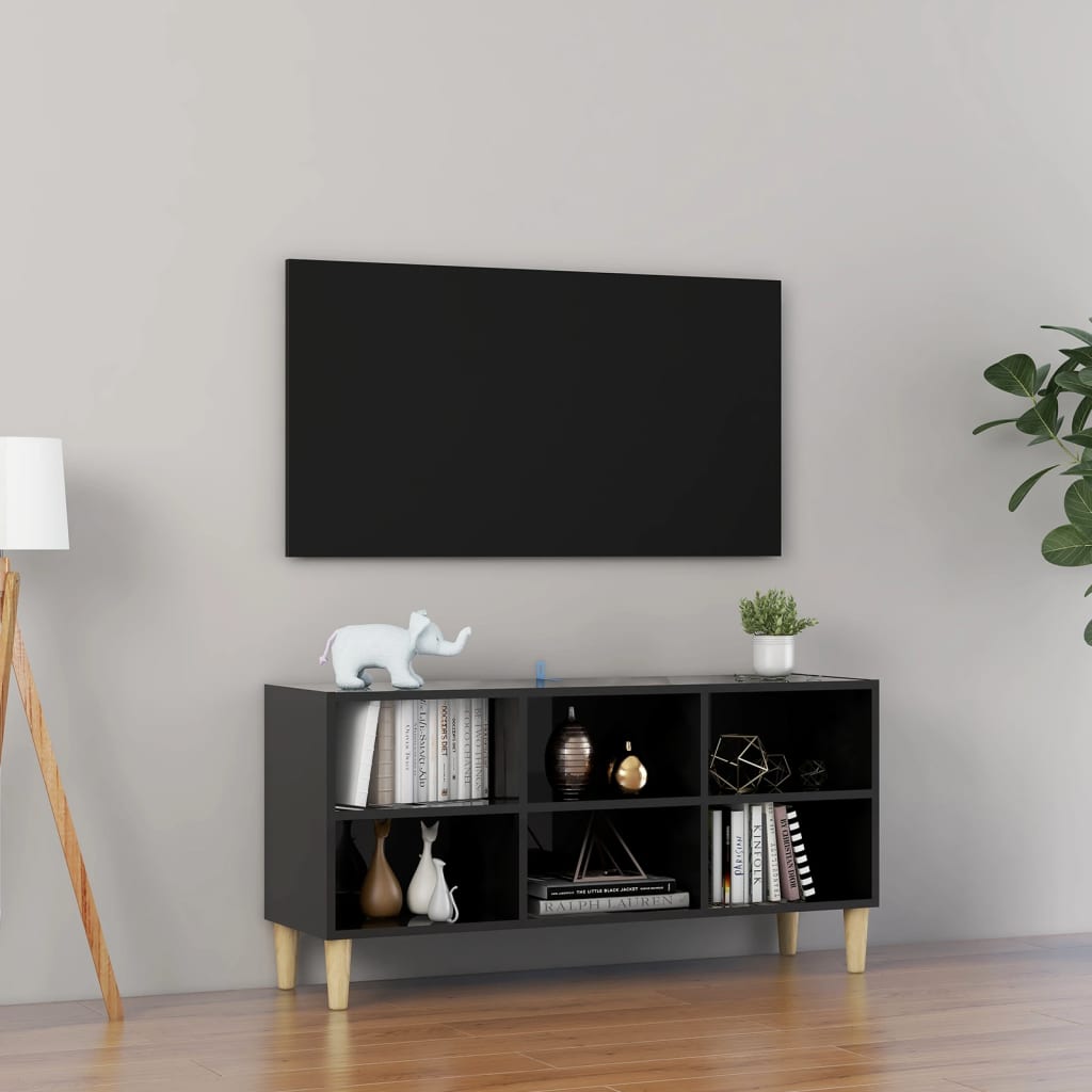Έπιπλο Τηλεόρασης Γυαλ. Μαύρο 103,5x30x50 εκ. & Πόδια από Ξύλο