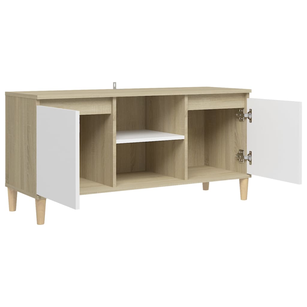 Έπιπλο Τηλεόρασης Καφέ Λευκό & Δρυς 103,5x35x50εκ Μασίφ Πόδια