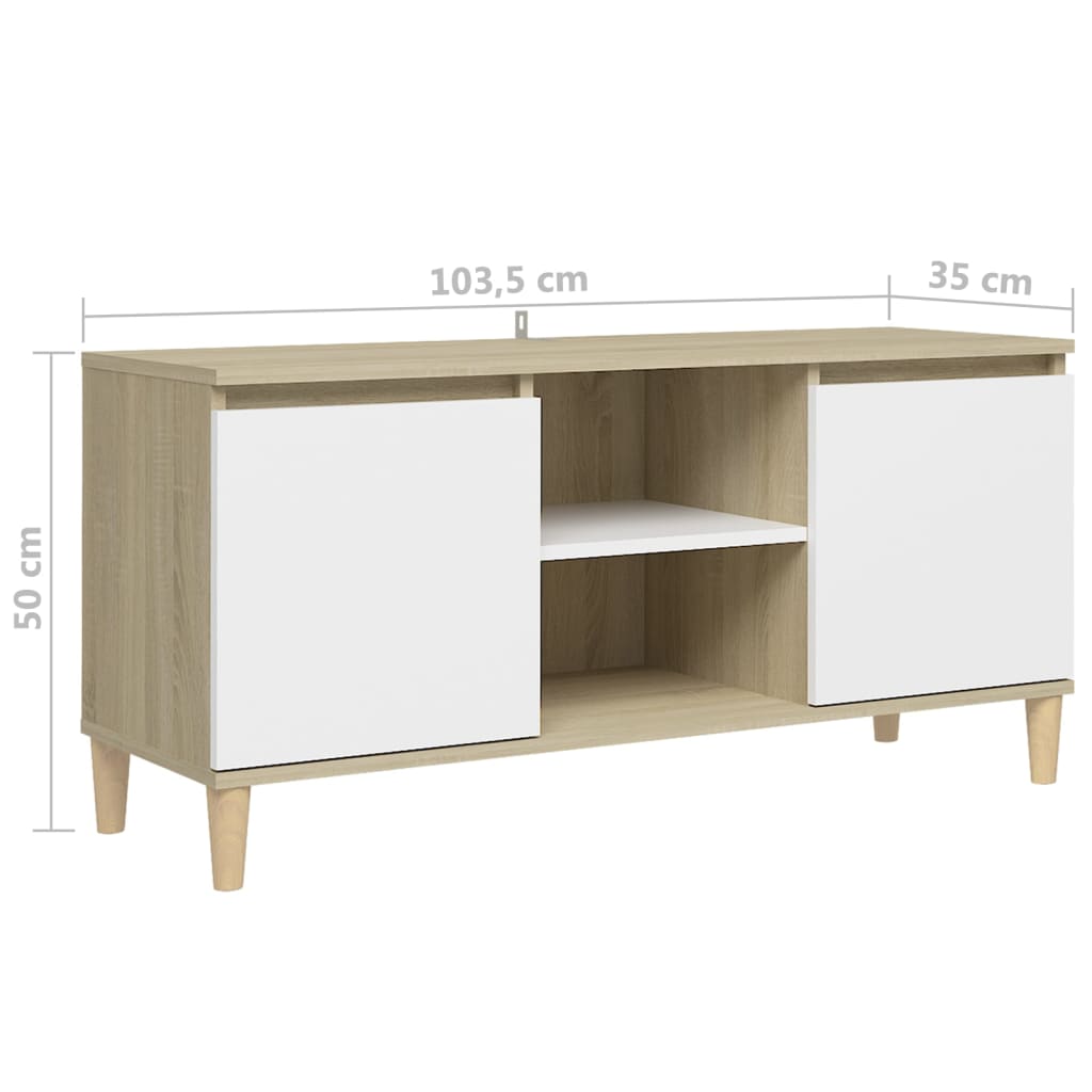 Έπιπλο Τηλεόρασης Καφέ Λευκό & Δρυς 103,5x35x50εκ Μασίφ Πόδια