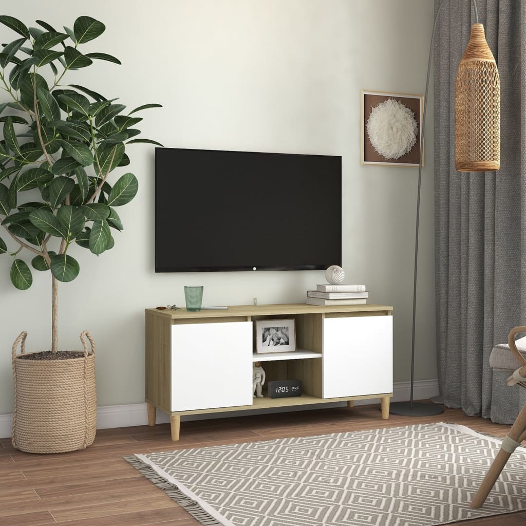 Έπιπλο Τηλεόρασης Καφέ Λευκό & Δρυς 103,5x35x50εκ Μασίφ Πόδια