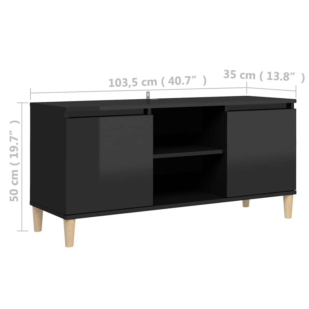 Έπιπλο Τηλεόρασης Γυαλ. Μαύρο 103,5x35x50εκ. Μασίφ Ξύλινα Πόδια