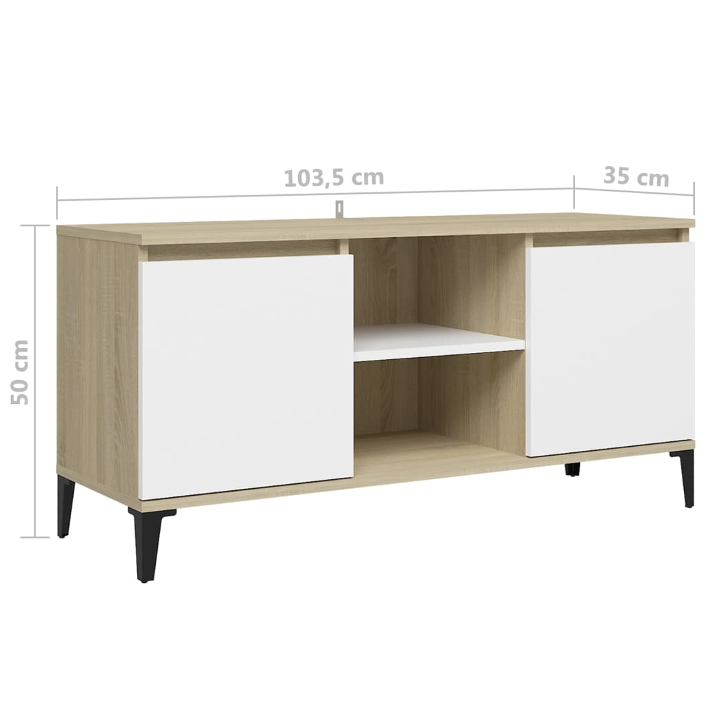 Έπιπλο Τηλεόρασης Λευκό & Δρυς 103,5x35x50 εκ. Μεταλλικά Πόδια