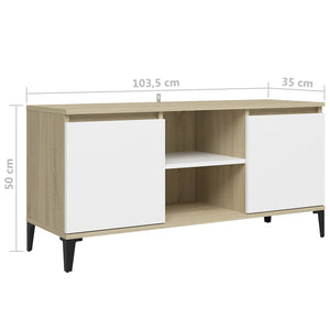 Έπιπλο Τηλεόρασης Λευκό & Δρυς 103,5x35x50 εκ. Μεταλλικά Πόδια