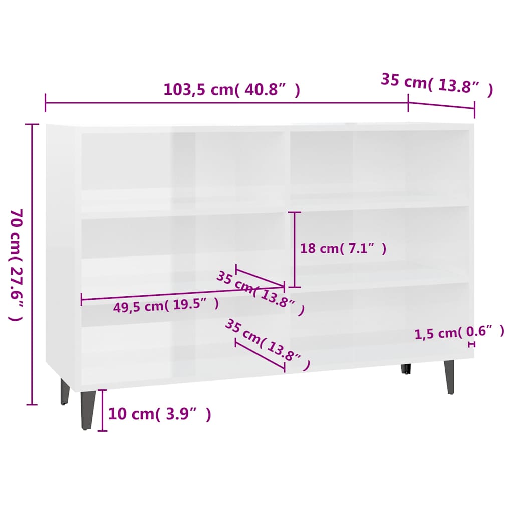 Ραφιέρα Γυαλιστερή Λευκή 103,5 x 35 x 70 εκ. από Επεξεργ. Ξύλο