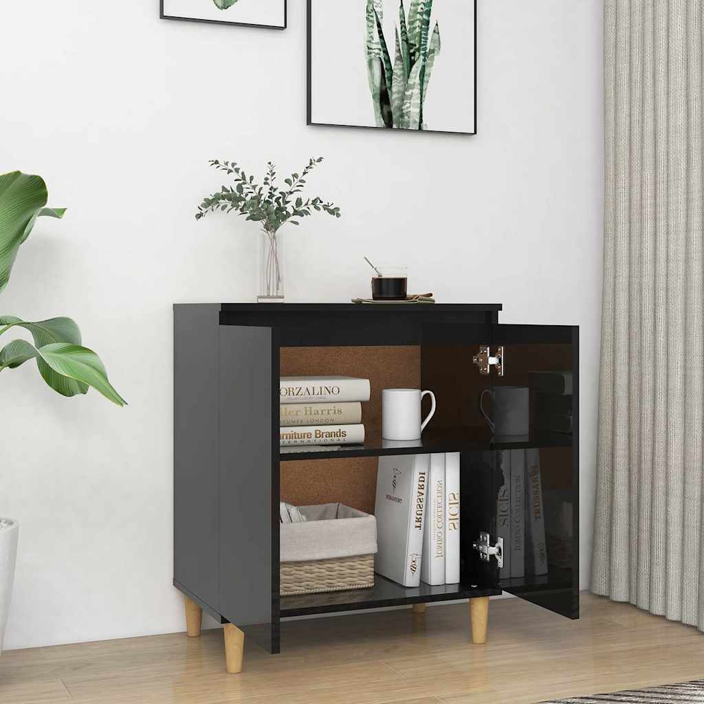 Ντουλάπι Γυαλ. Μαύρο 60x35x70εκ. Μασίφ Ξύλινα Πόδια Μοριοσανίδα