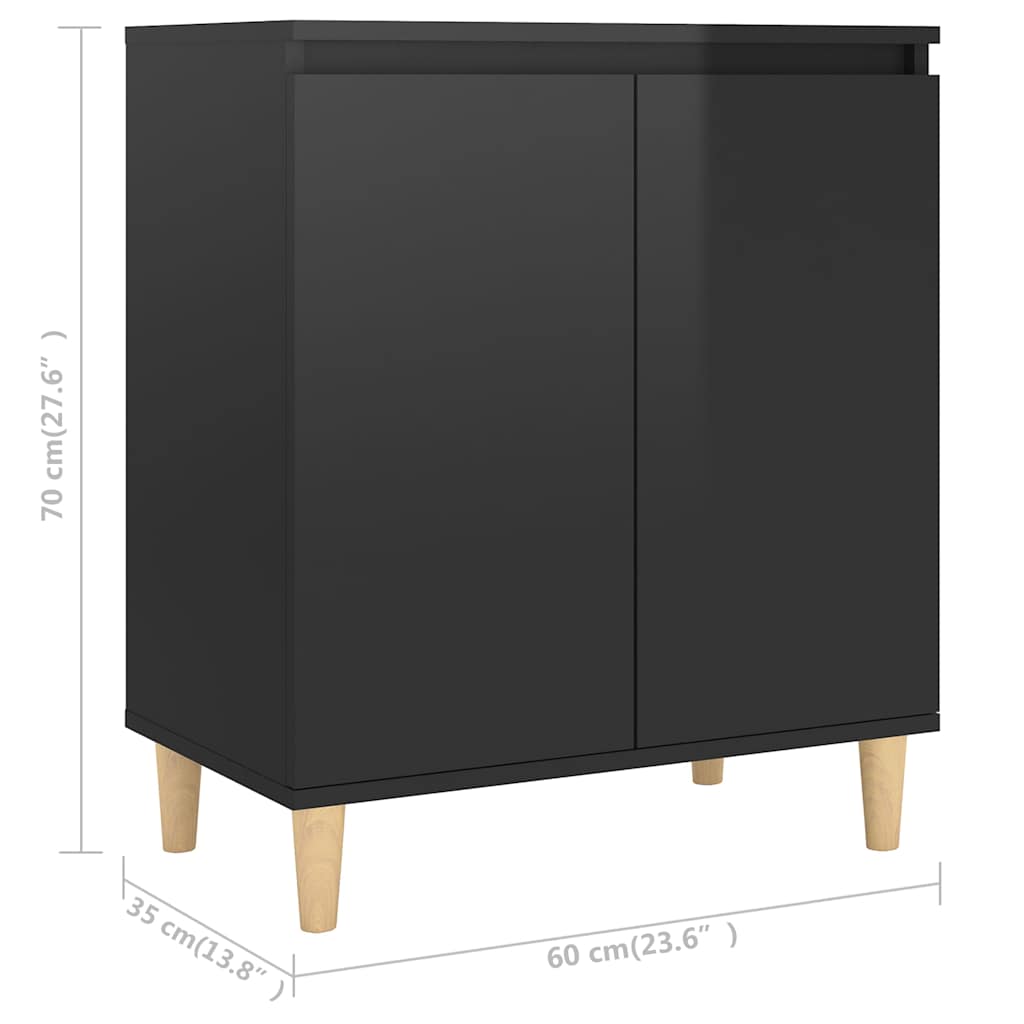 Ντουλάπι Γυαλ. Μαύρο 60x35x70εκ. Μασίφ Ξύλινα Πόδια Μοριοσανίδα