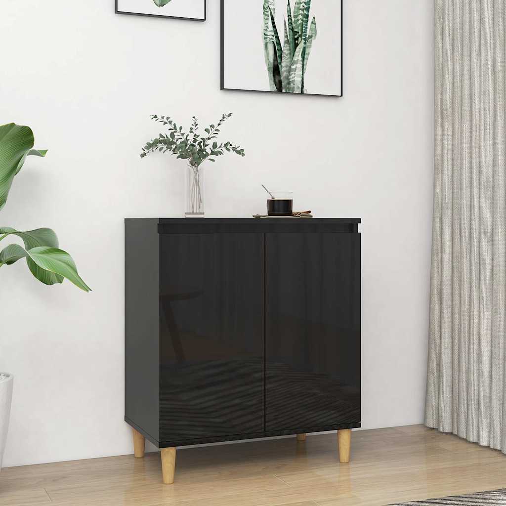 Ντουλάπι Γυαλ. Μαύρο 60x35x70εκ. Μασίφ Ξύλινα Πόδια Μοριοσανίδα