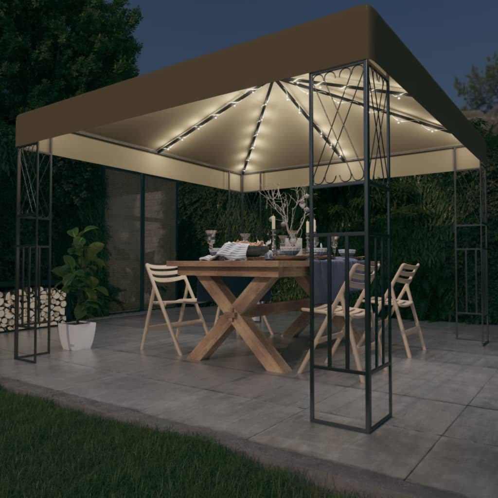 Κιόσκι με Φωτάκια LED Taupe 3 x 3 μ. Υφασμάτινο - Pakobazaar