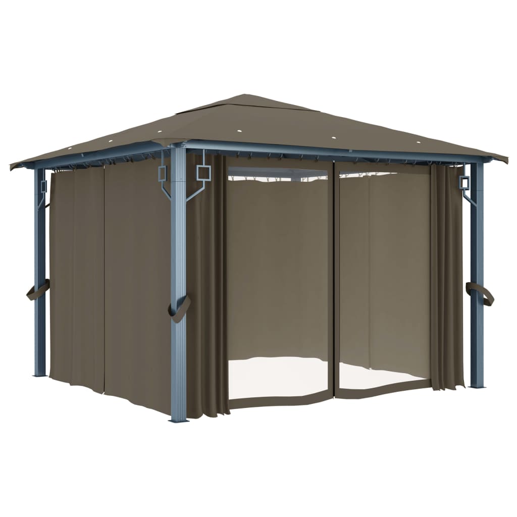 Κιόσκι με Κουρτίνα και Φωτάκια LED Taupe 3 x 3 μ. Αλουμινίου - PAKOBAZAAR