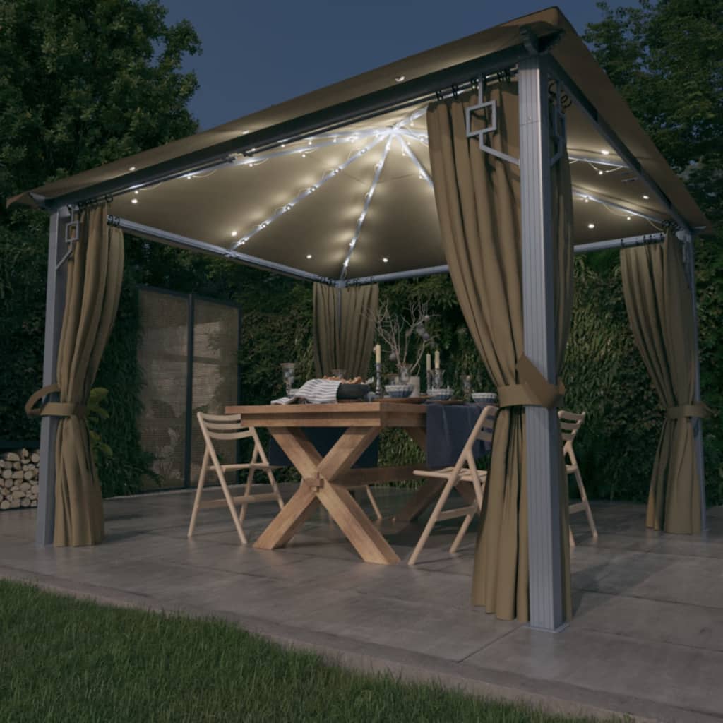 Κιόσκι με Κουρτίνα και Φωτάκια LED Taupe 3 x 3 μ. Αλουμινίου - PAKOBAZAAR