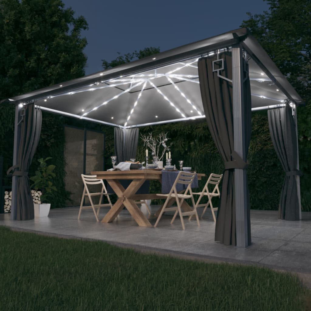 Κιόσκι με Κουρτίνα και Φωτάκια LED Ανθρακί 4 x 3 μ. Αλουμινίου - Pakobazaar