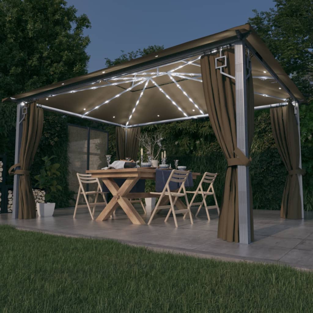 Κιόσκι με Κουρτίνα και Φωτάκια LED Taupe 4 x 3 μ. Αλουμινίου - PAKOBAZAAR