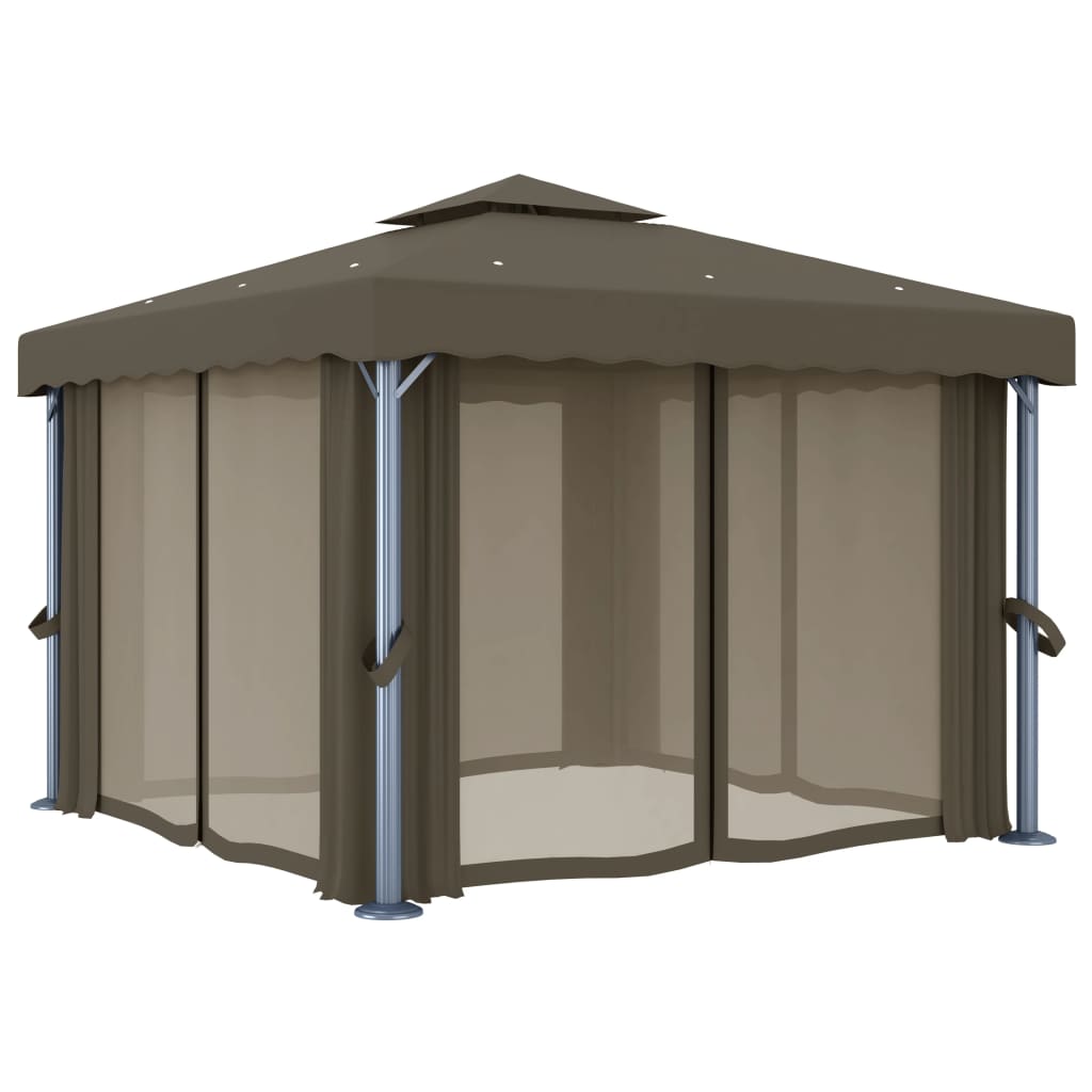 Κιόσκι με Κουρτίνα και Φωτάκια LED Taupe 3 x 3 μ. - PAKOBAZAAR
