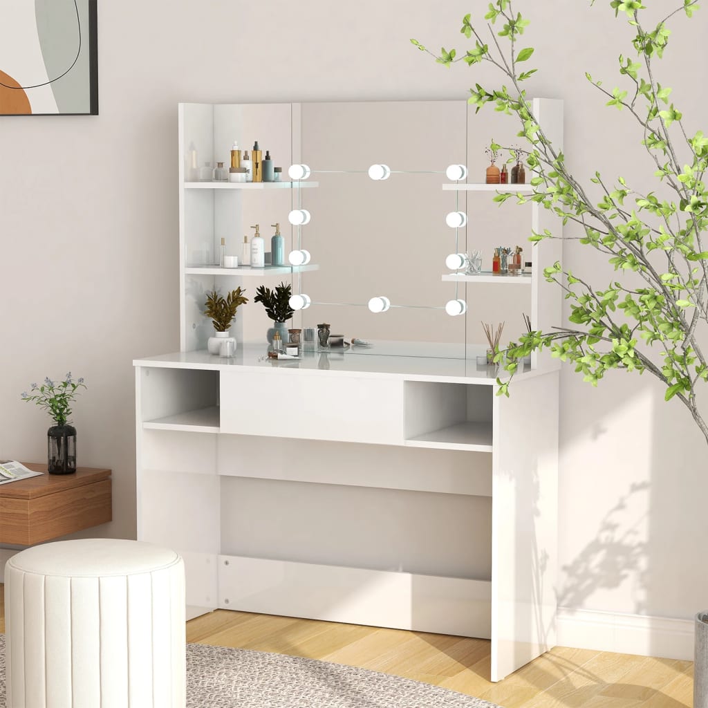 Έπιπλο Μακιγιάζ με Φωτισμό LED Λαμπερό Λευκό 100x40x135 εκ. MDF - Pakobazaar