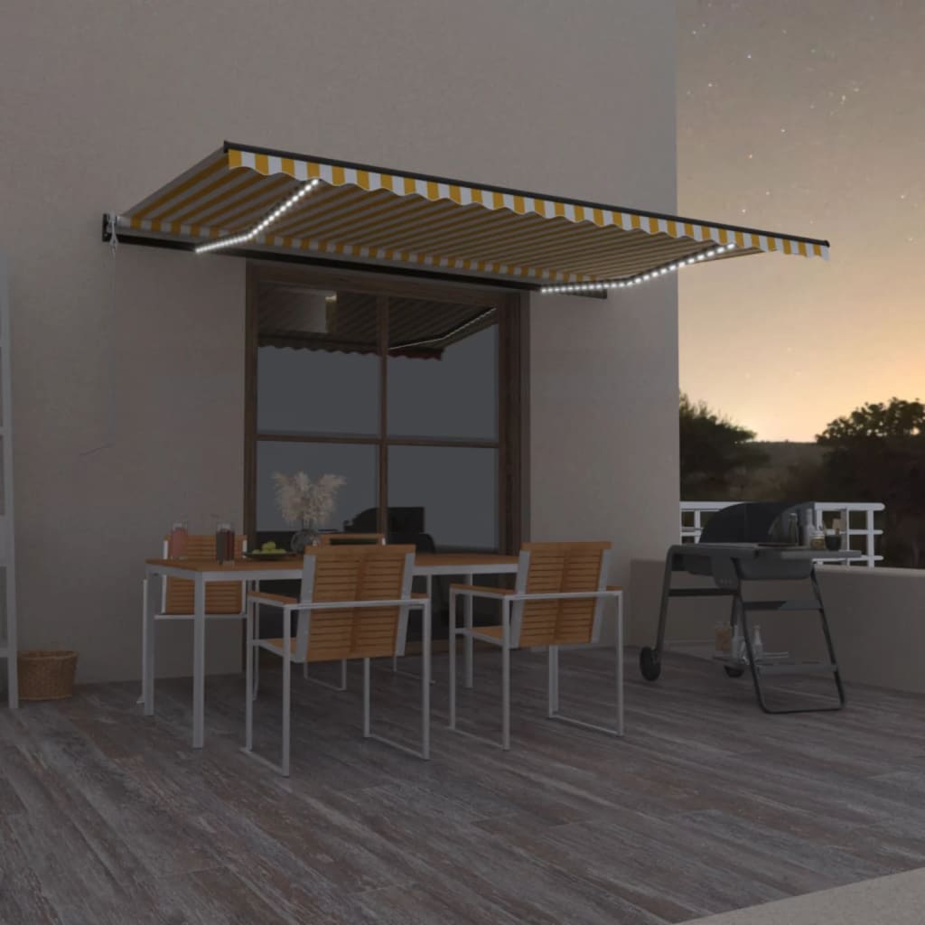 Τέντα Αυτόματη με LED & Αισθ. Ανέμου Κίτρινο/Λευκό 500x350 εκ. - Pakobazaar