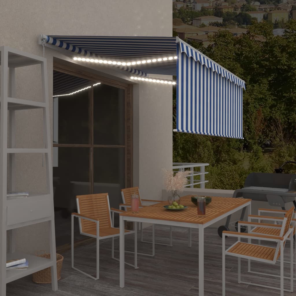 Τέντα Συρόμενη Χειροκίνητη με Σκίαστρο & LED Μπλε/Λευκό 3x2,5 μ - PAKOBAZAAR