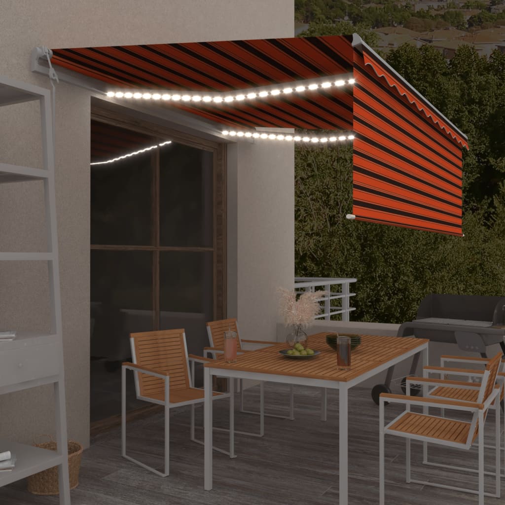 Τέντα Αυτόματη με Σκίαστρο/LED/Αισθ. Ανέμου Πορτοκ./Καφέ 4x3 μ - Pakobazaar