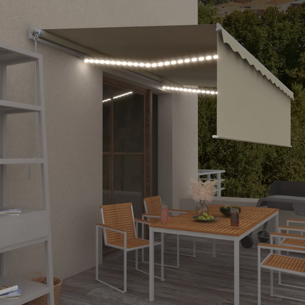 Τέντα Συρόμενη Χειροκίνητη με Σκίαστρο & LED Κρεμ 5 x 3 μ. - Pakobazaar