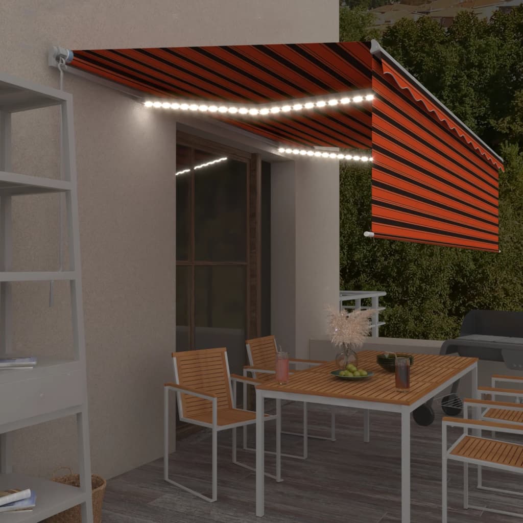 Τέντα Συρόμενη Χειροκίνητη με Σκίαστρο&LED Πορτοκαλί/Καφέ 5x3 μ