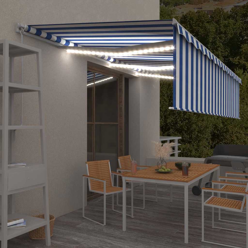 Τέντα Συρόμενη Χειροκίνητη με Σκίαστρο & LED Μπλε/Λευκό 6x3 μ.
