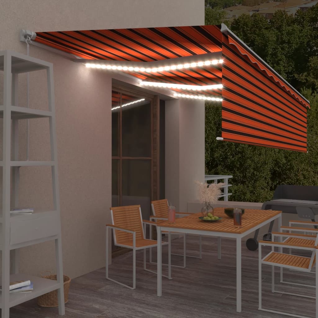 Τέντα Συρόμενη Χειροκίνητη με Σκίαστρο&LED Πορτοκ./Καφέ 6x3 μ. - Pakobazaar