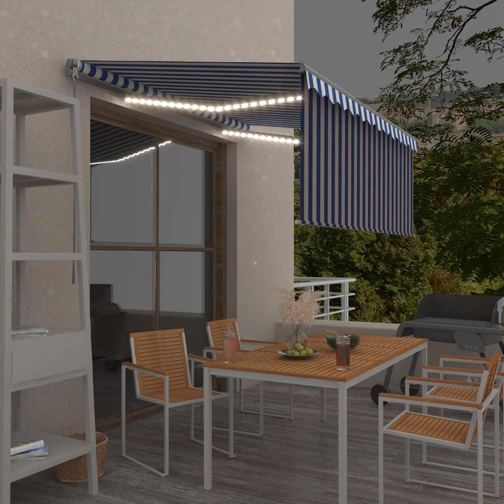Τέντα Συρόμενη Χειροκίνητη με Σκίαστρο & LED Μπλε/Λευκό 3x2,5 μ - PAKOBAZAAR
