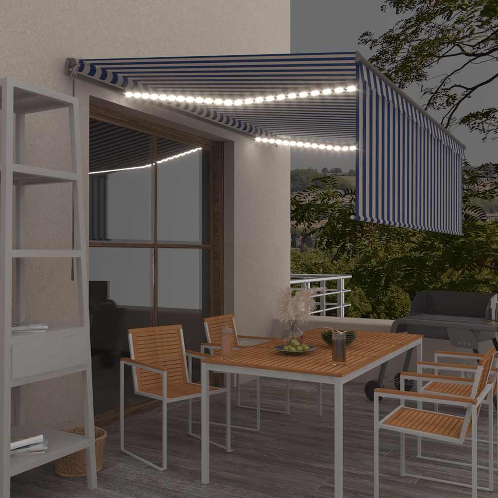 Τέντα Συρόμενη Χειροκίνητη με Σκίαστρο & LED Μπλε/Λευκό 4,5x3 μ - PAKOBAZAAR