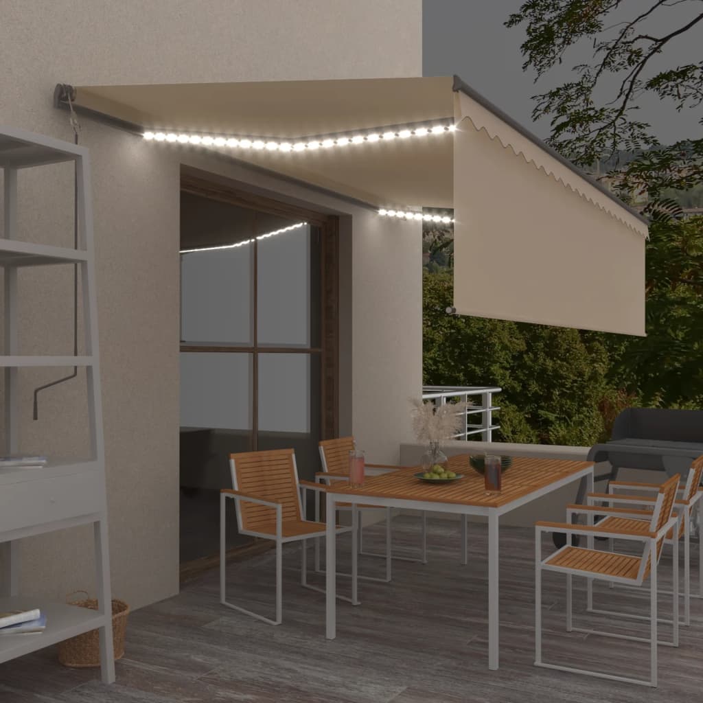 Τέντα Συρόμενη Χειροκίνητη με Σκίαστρο & LED Κρεμ 5 x 3 μ. - Pakobazaar