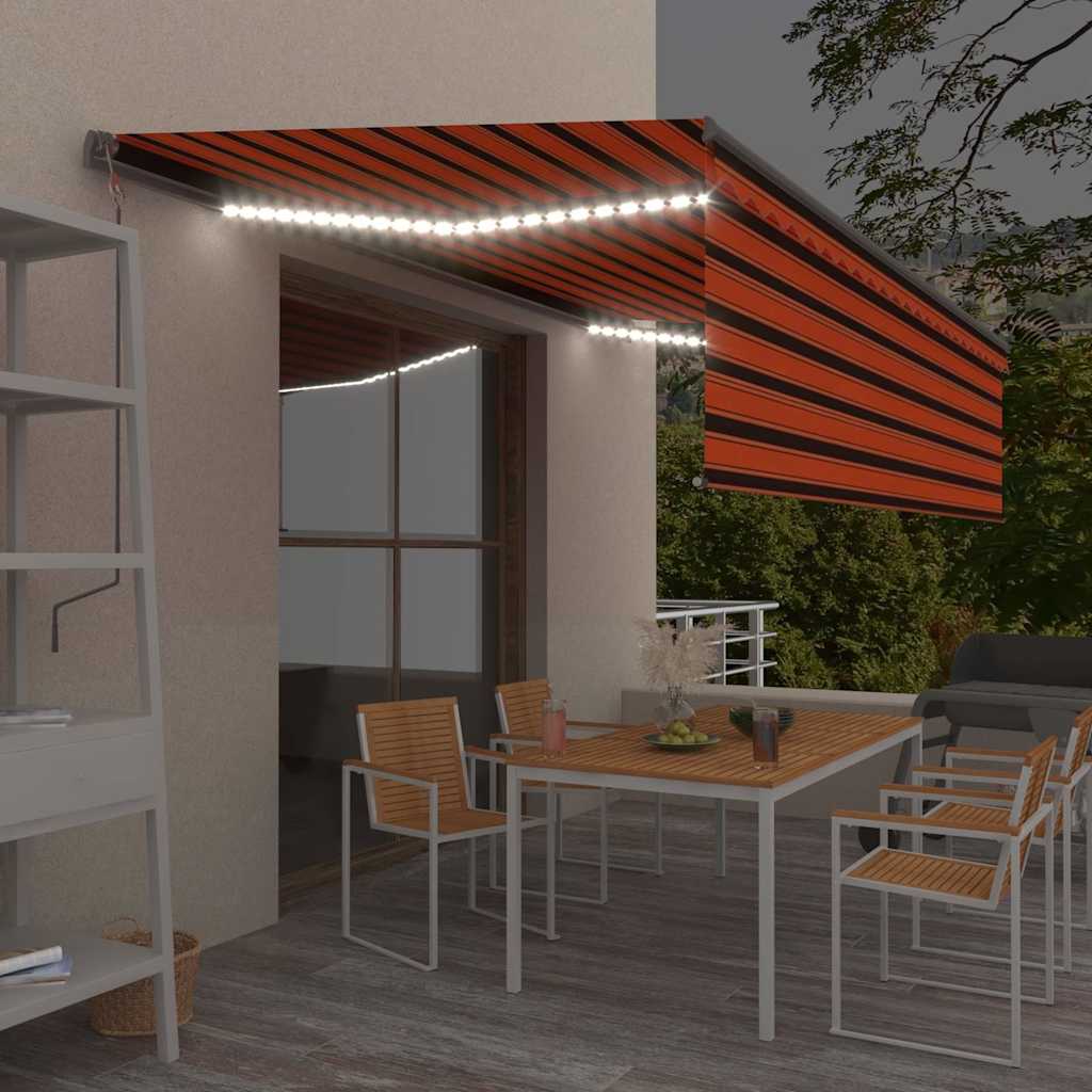 Τέντα Συρόμενη Χειροκίνητη με Σκίαστρο&LED Πορτοκαλί/Καφέ 5x3 μ