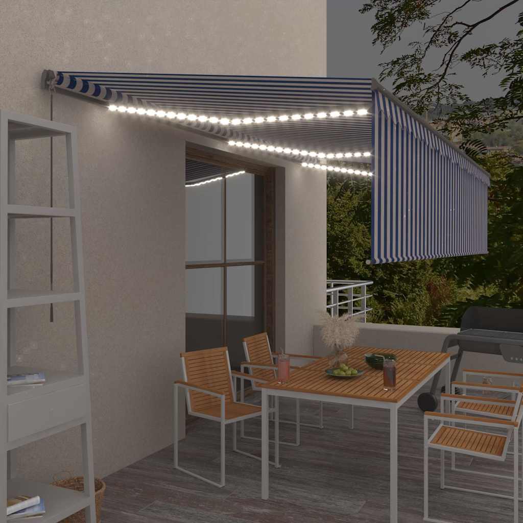 Τέντα Συρόμενη Χειροκίνητη με Σκίαστρο & LED Μπλε/Λευκό 6x3 μ.