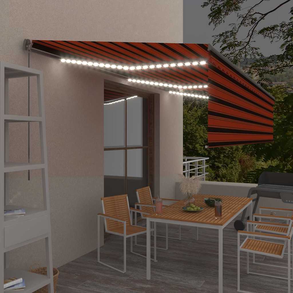 Τέντα Συρόμενη Χειροκίνητη με Σκίαστρο&LED Πορτοκ./Καφέ 6x3 μ.