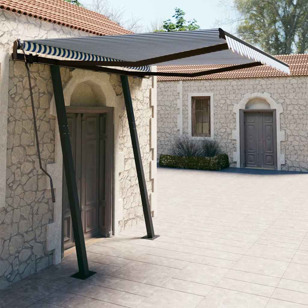 Τέντα Συρόμενη Χειροκίνητη με Πασσάλους Μπλε/Λευκό 3,5 x 2,5 μ.