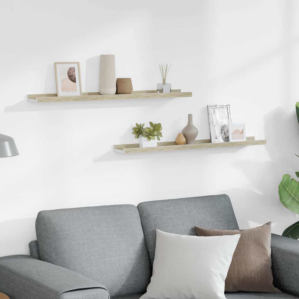 Ράφια Τοίχου 2 τεμ. Λευκό και Sonoma Δρυς 80 x 9 x 3 εκ.