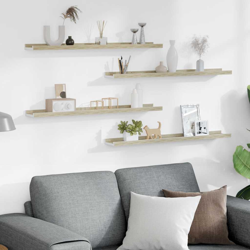 Ράφια Τοίχου 4 τεμ. Λευκό και Sonoma Δρυς 80 x 9 x 3 εκ.