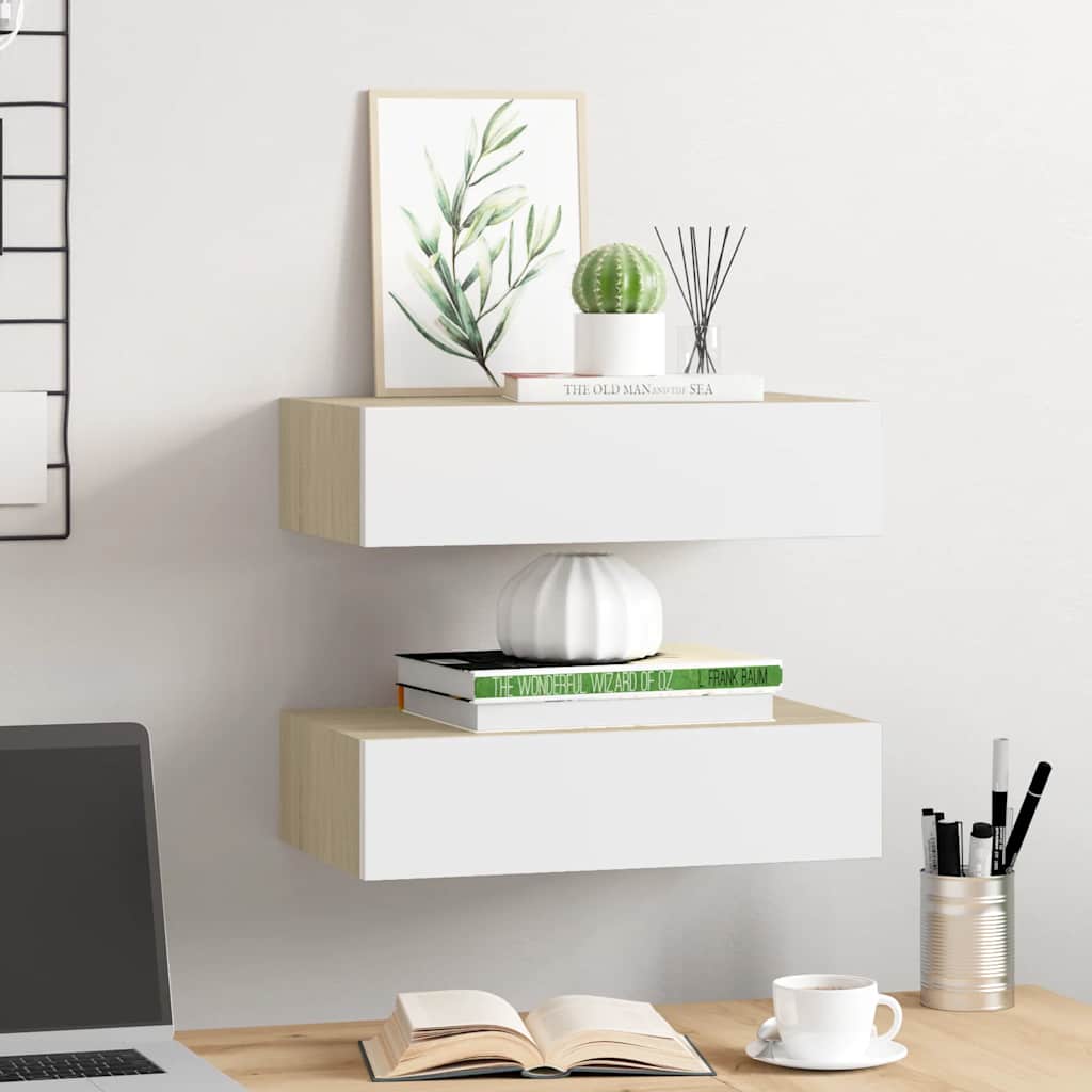 Ράφια Τοίχου Συρτάρια 2 τεμ. Δρυς/Λευκό 40x23,5x10 εκ από MDF - Pakobazaar