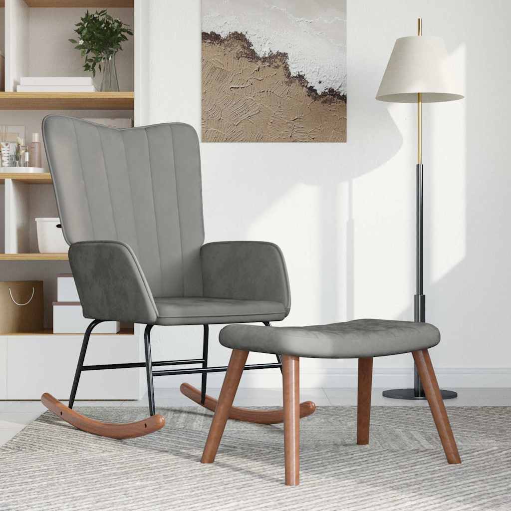 Πολυθρόνα Κουνιστή Ανοιχτό Γκρι Βελούδινη με Σκαμπό